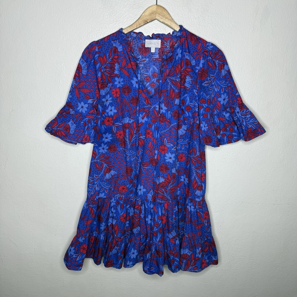 Sugarlips Plumcot Floral Auggie Bell Sleeve Shift Dress Blue Red Womens XS
